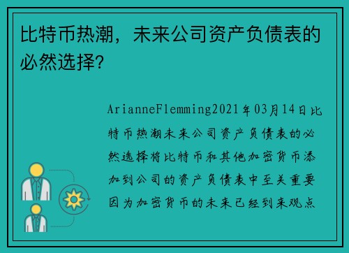 比特币热潮，未来公司资产负债表的必然选择？ 
